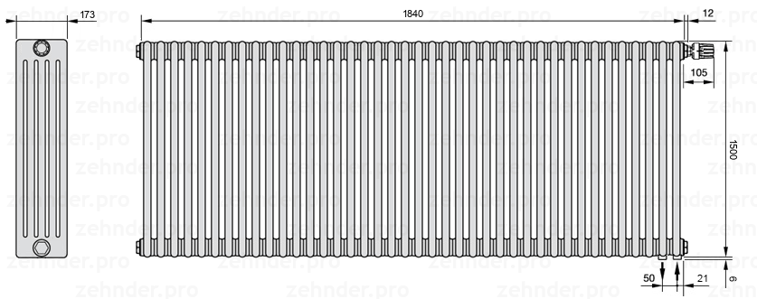 Схема (чертеж) Радиатор Zehnder Charleston 5150/40 №V002 Белый глянцевый RAL 9016